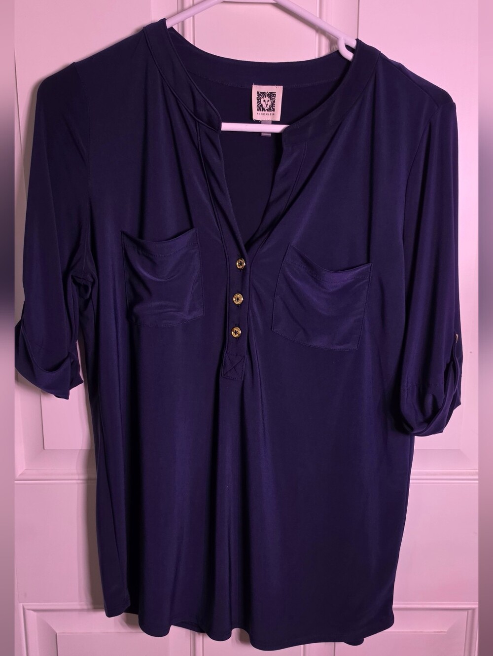 Anne Klein Navy Gold-Button Tunic Top